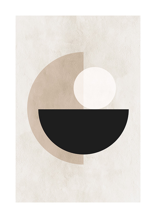 – A graphic print with circles and shapes in beige, black and white colours with a beige background