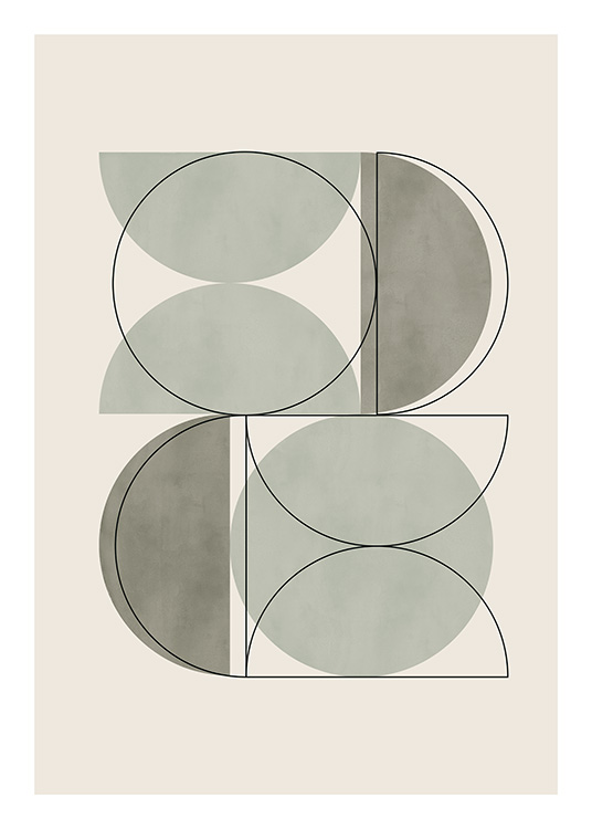 – A print of green geometric shapes with black lines along with a beige background