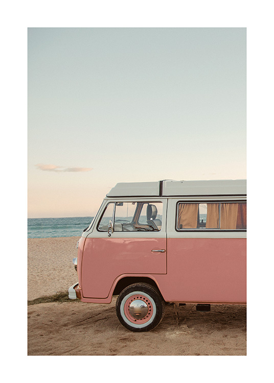 – A pink van photograph at the beach with lovely summery colours