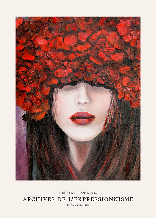 – An art print of a woman with brown hair, red lipstick and roses in her that that is cover her eyes