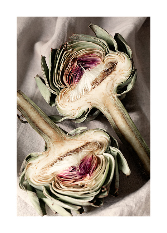 – A beautiful kitchen print of soft artichokes cut in half on a linen cloth