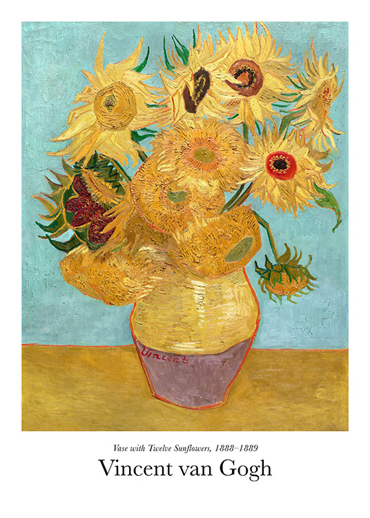 – A classic print of the famous artist Vincent van Gogh. A print represent twelve sunflowers in a vase