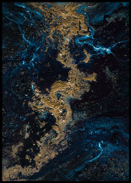 Abstract Dark Blue Gold Water Canvas Wall Art Print Poster