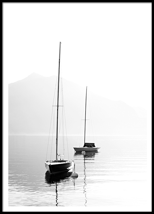 Poster with black and white photography with sailboats. Photo art