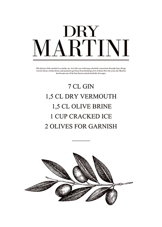 Poster with drink recipe for Dry martini, kitchen art