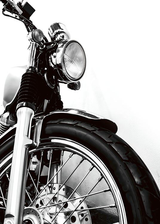 Cleanly designed poster with motorcycle, black and white photo