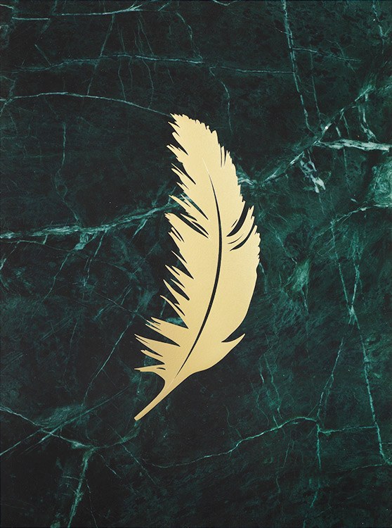  – A green marble background behind a feather in gold