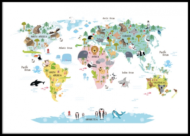 Kids' poster with world map with animals. Nice posters for kids ...