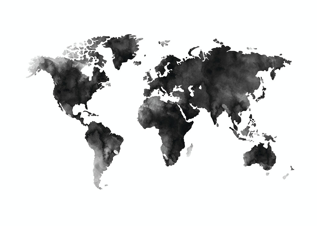  – Black and white watercolor painting with a world map
