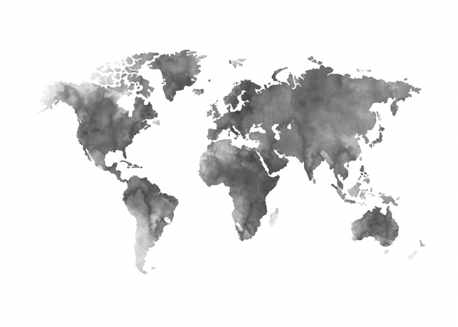  – Watercolor painting of a grey world map on a white background