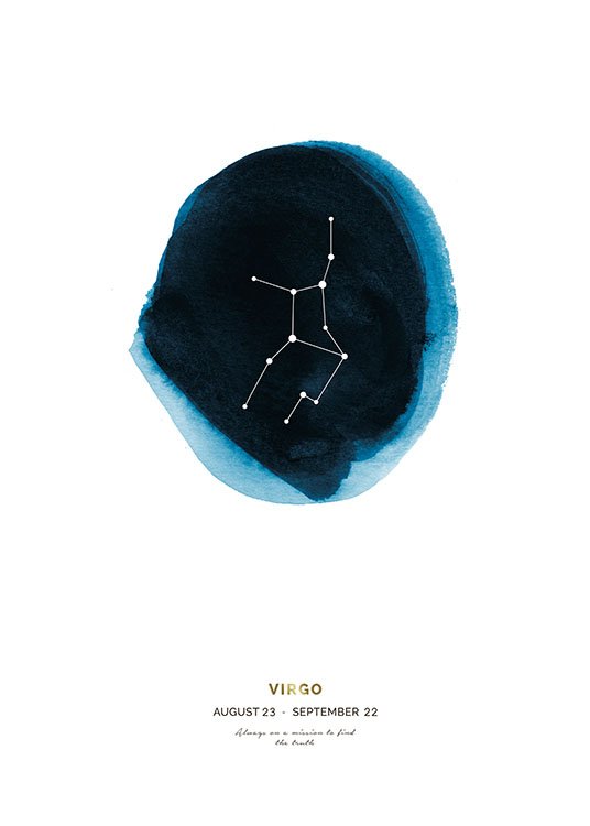  – The Virgo zodiac sign in a blue circle painted in watercolor on a white background