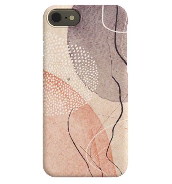  – iPhone case with abstract shapes in purple and pink and a shape of white dots