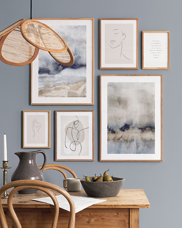 – Abstract art paintings in blue and beige poster pack collection