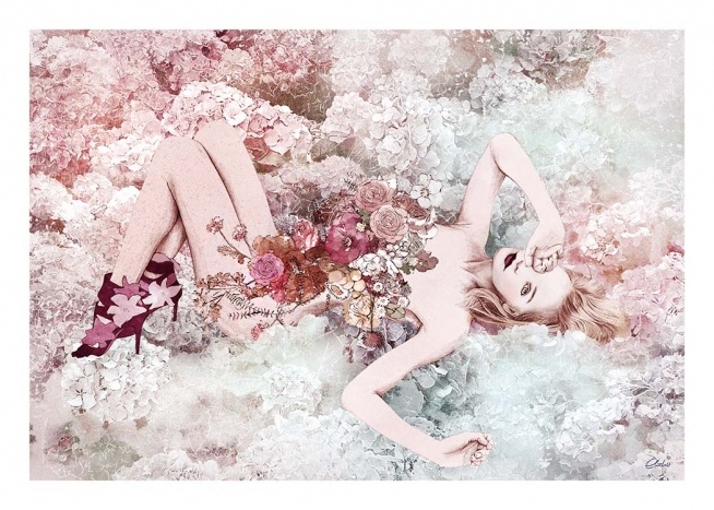 - Illustration of a woman laying on a bed of flowers with flowers covering her body