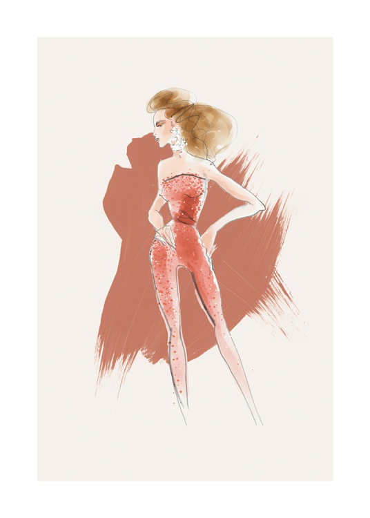  – Illustration of a woman in a jumpsuit in red with pearls on it against a beige background with red brush strokes