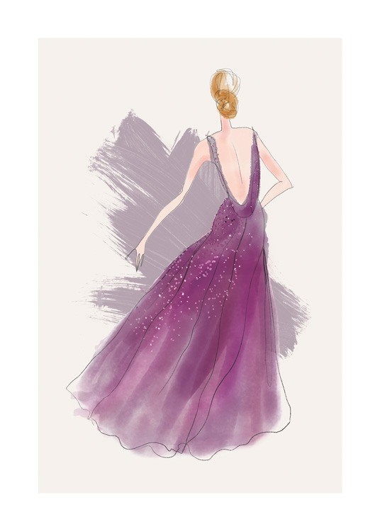  – Illustration of a woman in a long, purple dress with sequin details, against a beige background with purple brush strokes