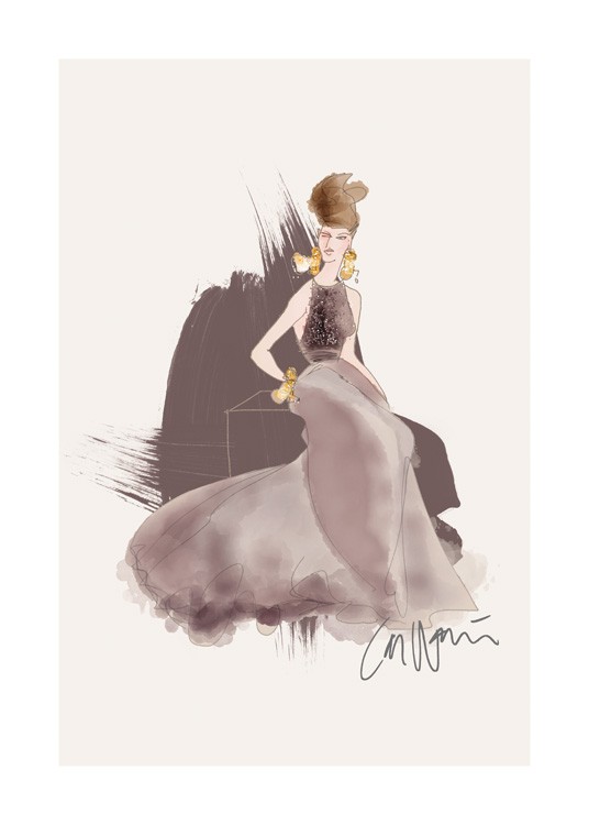  – Illustration of a woman in a long dress in dark grey with pearls on the bodice against a beige background