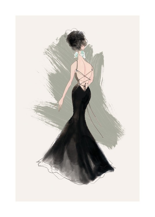  – Illustration of a woman in a black gown with laces up the back and diamond earrings