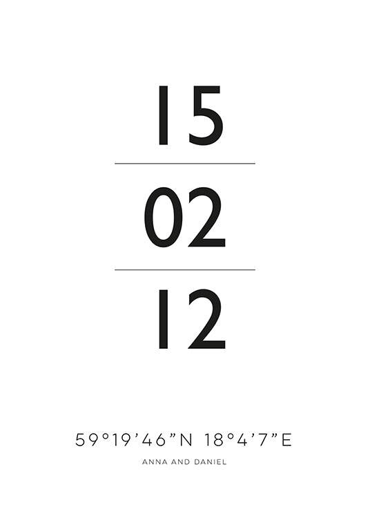  – Text print in black and white with space to personalise coordinates and a special date