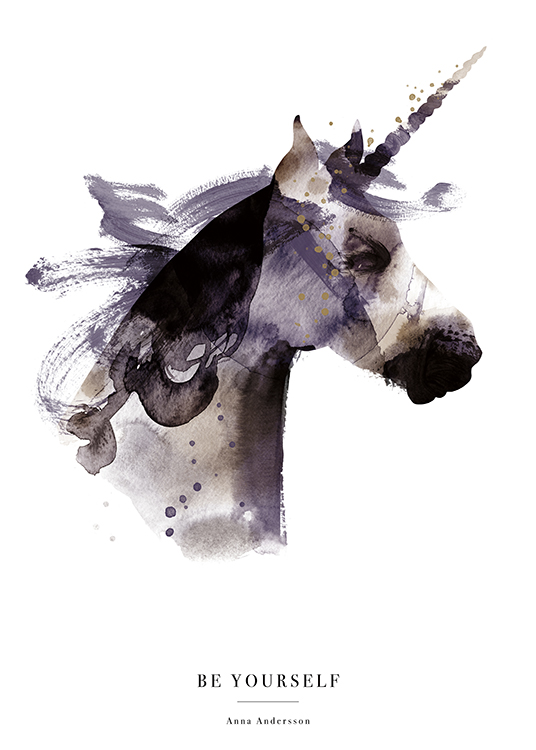  – Watercolor illustration of a unicorn in purple, black and brown on a white background with text at the bottom