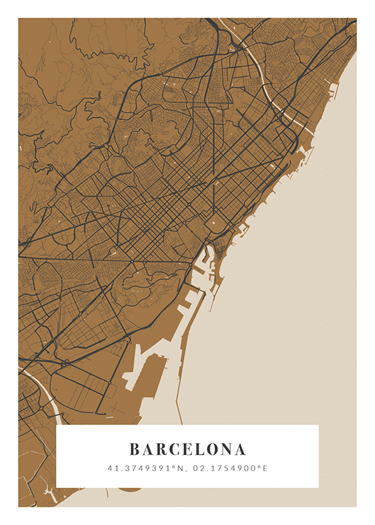  – City map in beige, brown and dark grey with city name and coordinates at the bottom