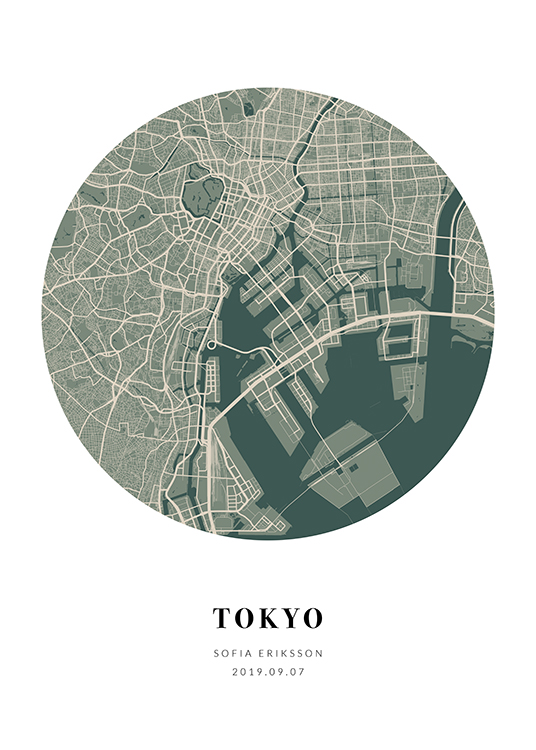  – Round city map in beige and green with text at the bottom