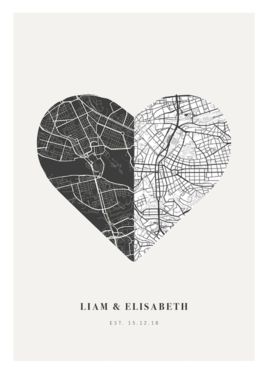  – Heart-shaped city map in black and white on a light grey background with text at the bottom