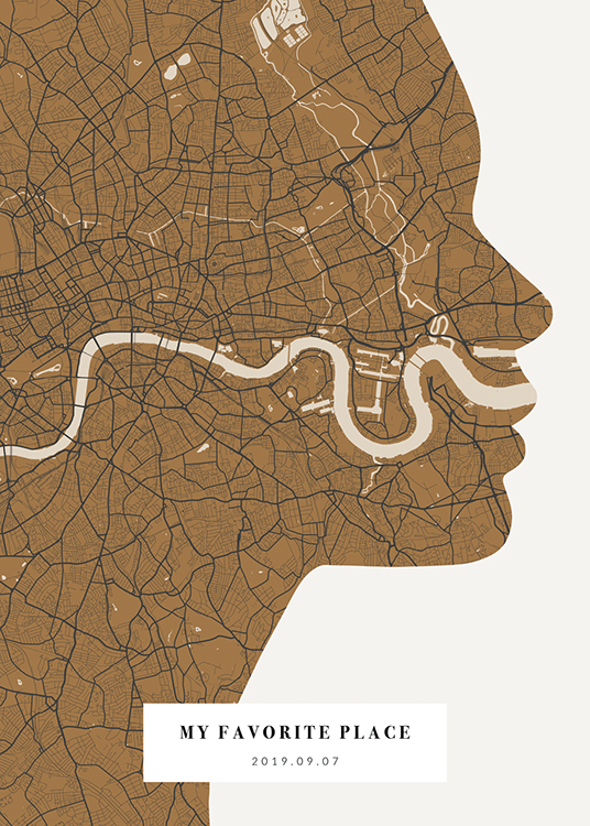  – City map shaped like a face silhouette in brown and beige with text at the bottom