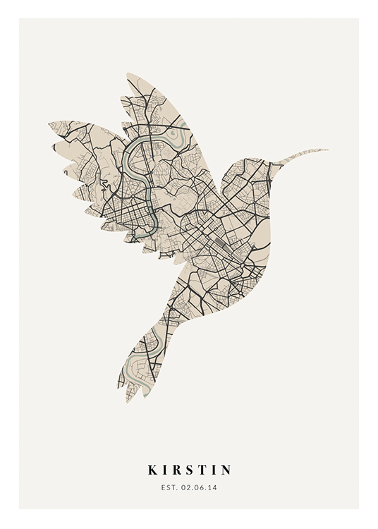  – Bird-shaped city map in beige and black on a light grey background with text underneath