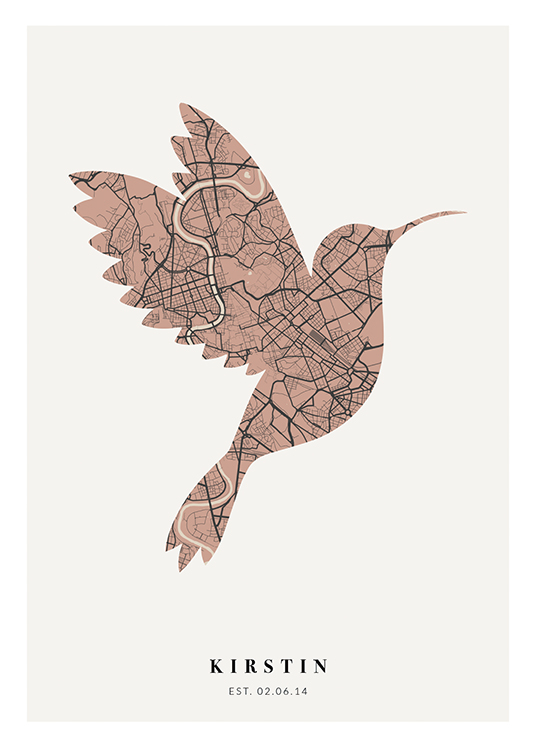  – City map in pink and dark grey, shaped like a bird, with text at the bottom