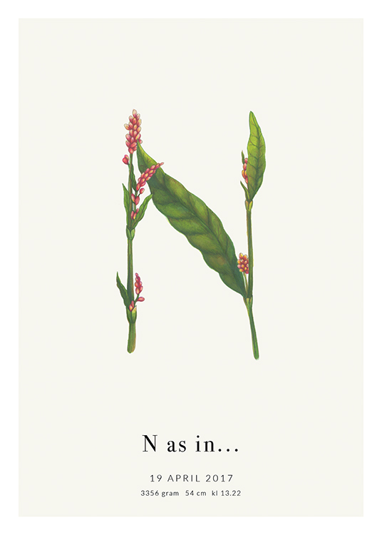  – The letter N shaped by red flowers and green leaves, with text underneath