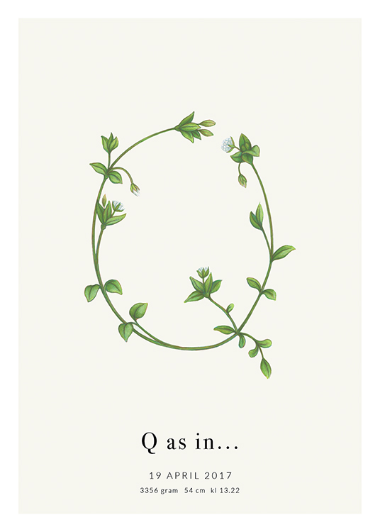  – The letter Q formed by green leaves, with text underneath