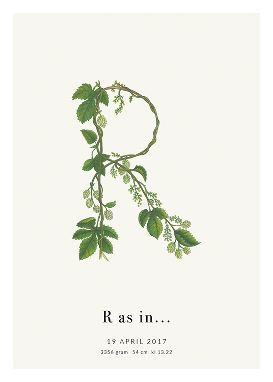  – The letter R shaped by green leaves with text at the bottom
