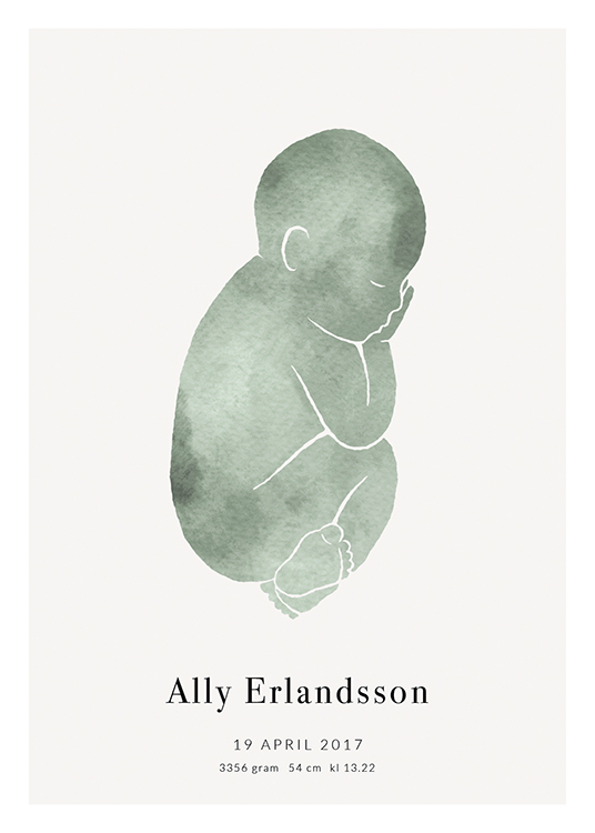 – A baby drawn in green against a light grey background with text at the bottom