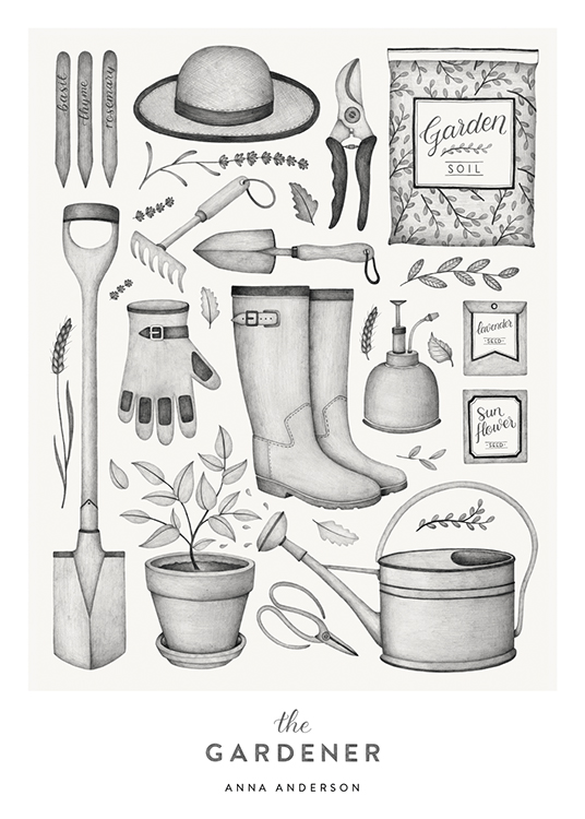  – Gardening tools drawn in grey with text at the bottom