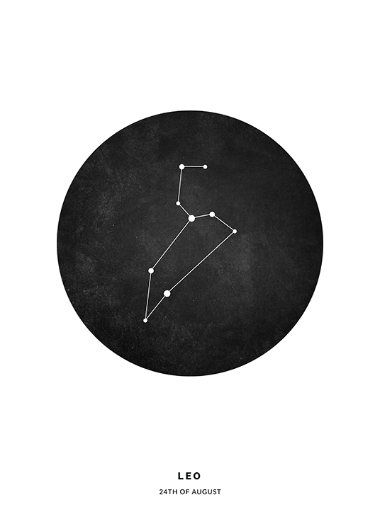  – Illustration with the Leo zodiac sign in a black circle on a white background