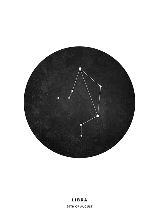  – Illustration with the Libra zodiac sign in a black circle on a white background