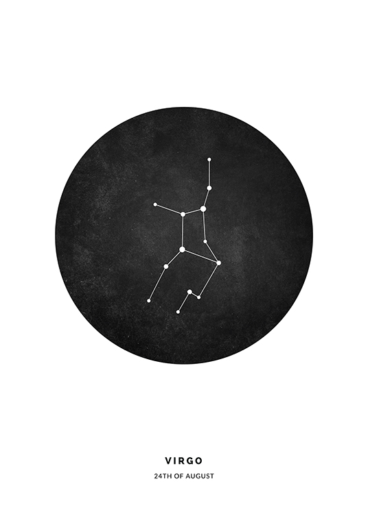  – Illustration with the Virgo zodiac sign in a black circle on a white background