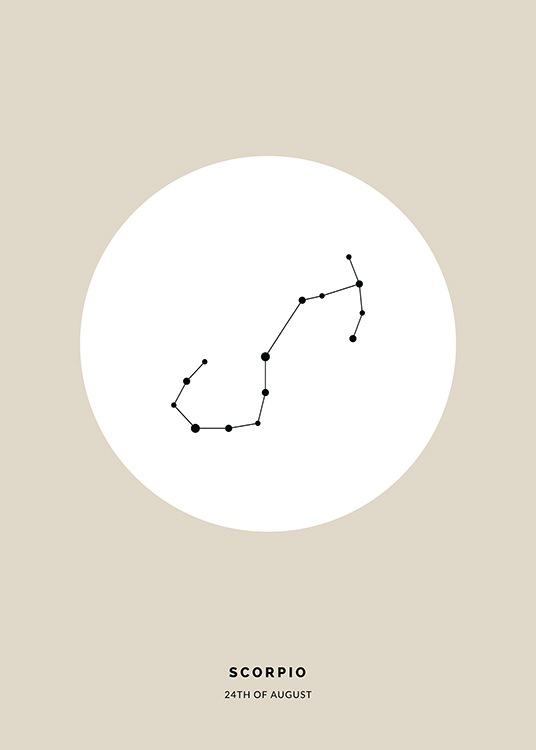  – Illustration of the zodiac sign for Scorpio in black in a white circle on a beige background
