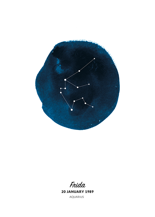  – Illustration of the Aquarius sign in a circle painted in blue watercolour