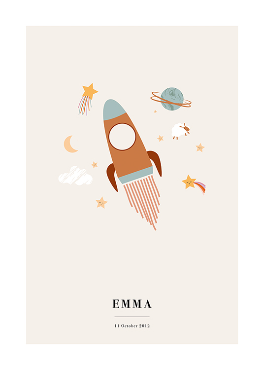  – Illustration with astronomy symbols surrounding a rocket against a beige background
