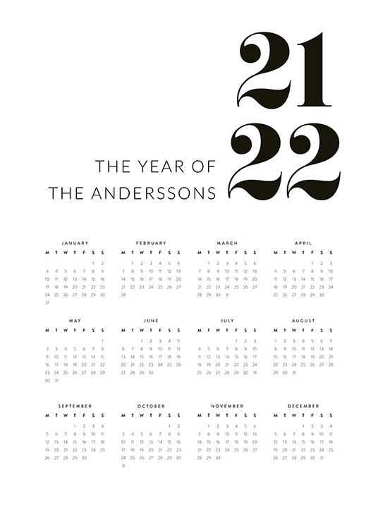  – A year calendar for 2022 with black text on a white background