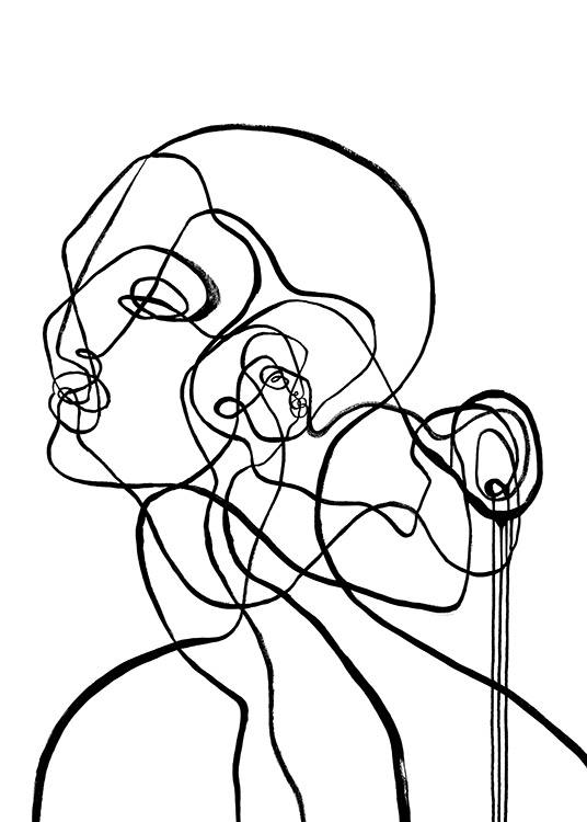  – Abstract line art illustration with two faces and a small waterfall, inspired by the sign of Aquarius