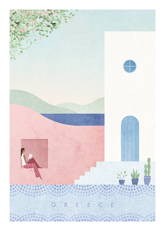 – Illustration of houses in pink, blue and white and a woman reading a book