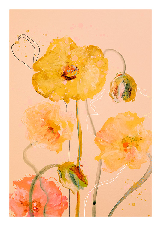 – Print of yellow poppies on a peachy background 