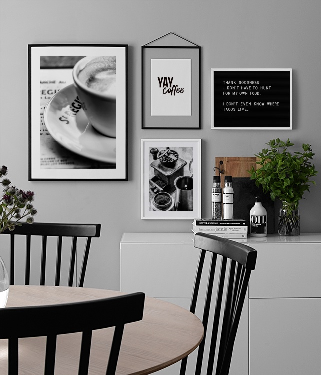 Black-and-white kitchen prints with quote 'yay coffee' and funny quotes abot tacos