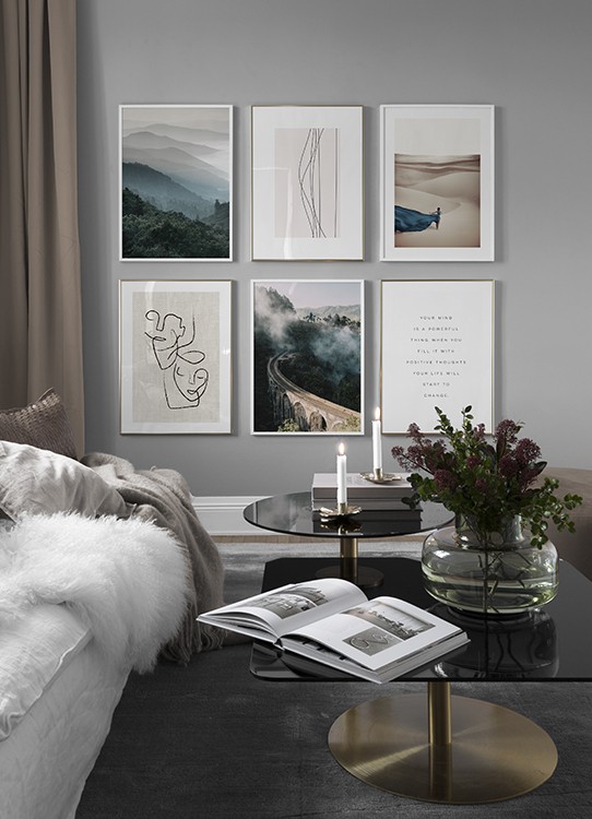 Classic stylish living room with symmetrical gallery wall