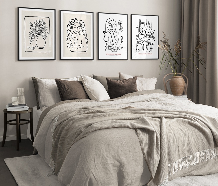 Painted Illustrations in black-and-white and beige bedroom